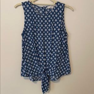 Blue and white tie front button back loft tank